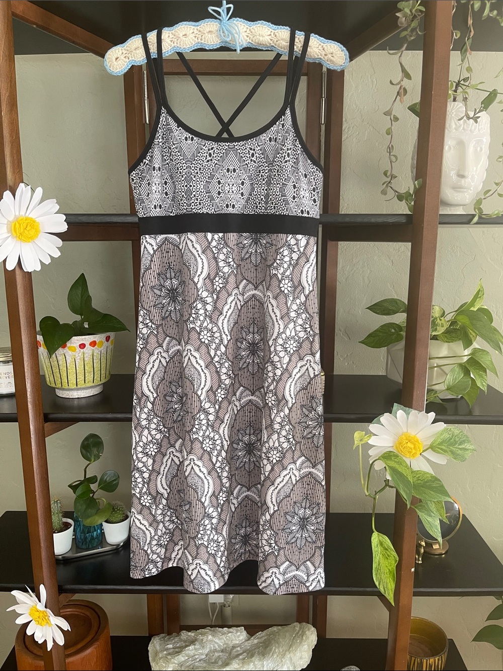 Prana Black and White Lace-Pattern Midi Dress